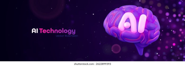 AI Brain with Glowing Neon Text on Futuristic Background, Representing Artificial Intelligence and Innovation in Tech Design. Vector Illustration.
