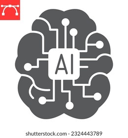 AI brain glyph icon, technology and artificial intelligence, human brain with microchip vector icon, vector graphics, editable stroke solidsign, eps 10.