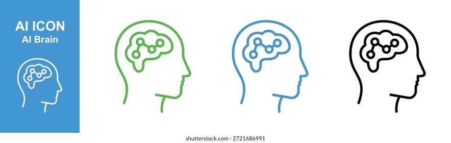 ai brain head icon set with neural network connections for machine learning design