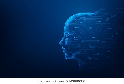 ai brain head robotic learning blue technology background. artificial intelligence innovation creative circuit line. vector illustration fantastic digital technology