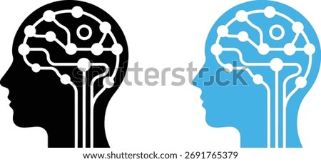AI brain icon. Artificial intelligence, machine learning, and technology concept. Human head profile with neural network. Vector illustration . Artificial intelligence concept. Human head silhouette 