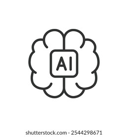 IA no cérebro, ícone no desenho da linha IA, cérebro, inteligência, neural, mente, cognitivo, tecnologia no vetor branco de fundo. AI no ícone de traçado editável do cérebro