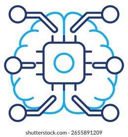 Icono del cerebro de la IA representado por el chip, cerebro, red de gráficos de estilo de línea dual.