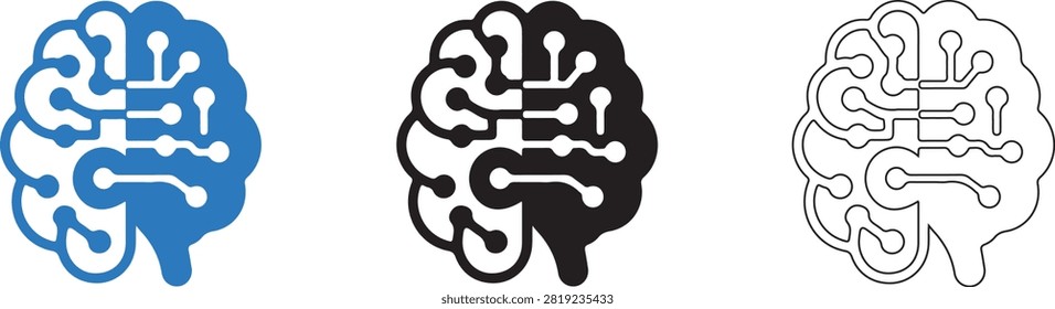 AI Brain Icon Set, Artificial Intelligence Neural Network, Machine Learning Technology, Black Blue Outline Vector Pictogram Collection