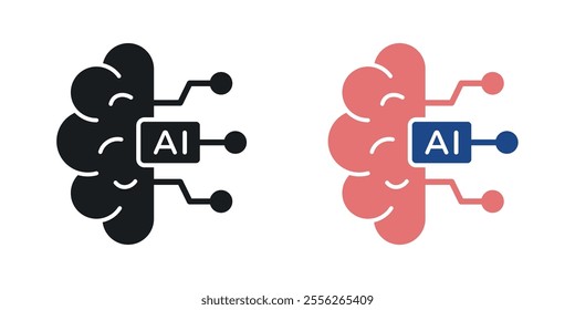 AI brain icon set in black and colored versions.