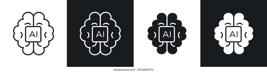 AI brain icons collection in black and white solid and line style