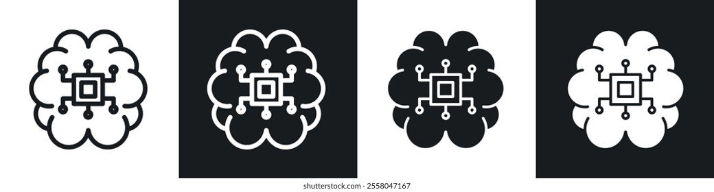 AI brain icons pack in black and white filled and outlined versions.