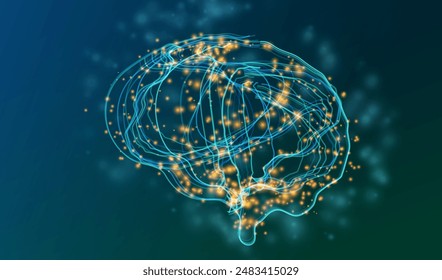 Ai brain made of glowing lines and dots in technology style. Science futuristic artificial intelligence mind design. Super computer idea concept. Vector illustration.