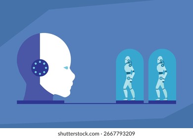 AI Brain or Mainframe Creating Humanoid Robots in a Lab 2d flat vector illustration