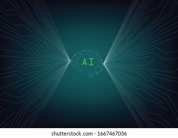 AI-Gehirn mit moderner Technologie-Schaltung auf Farbverlauf-Hintergrund.