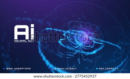 Ai brain network background with blue glow neural line. Digital tech research concept presenting smart mind data connection. 3D particle node and cyber core system. Vector illustration.