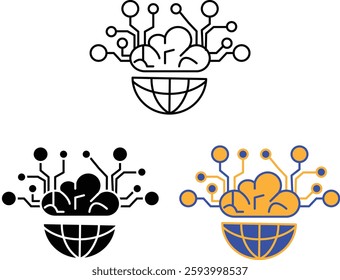 AI Brain Network Icon set– Digital Brain with Neural Connections for Artificial Intelligence, Machine Learning, and Data Processing with Transparent Background.