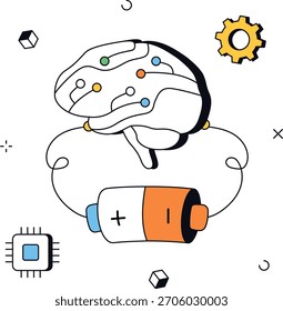 Cerebro de IA alimentado por una batería conectada a un chip y engranaje mecánico. Ilustra el aprendizaje automático, la inteligencia artificial y la tecnología avanzada. Ilustración vectorial plana isométrica.