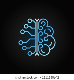 AI Brain Simple Vector Blue Outline Icon. Artificial Intelligence Concept Linear Symbol Or Design Element On Dark Background