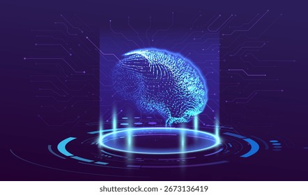 Ai brain technology background. Human mind on platform. Futuristic artificial intelligence design. Computer idea concept. Machine genius robot. Vector illustration.
