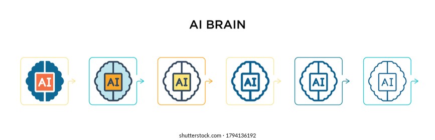 Ai brain vector icon in 6 different modern styles. Black, two colored ai brain icons designed in filled, outline, line and stroke style. Vector illustration can be used for web, mobile, ui
