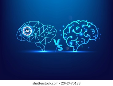 AI brain vs human brain. Artificial intelligence. Smart ai chat bot communicates with human. chat with ai. Human ask bot. Technology blue background