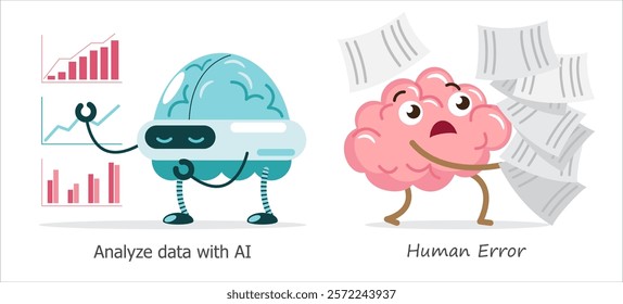 AI brain vs human brain in data analysis . Cartoon character . Vector .