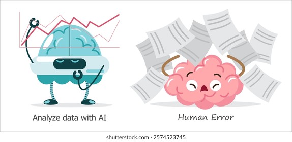 AI brain vs human brain in data analysis . Cartoon character . Vector .