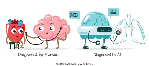 AI brain vs human brain in diagnosis . Cartoon character . Vector .