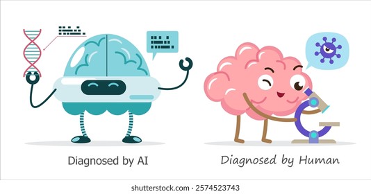 AI brain vs human brain in diagnosis . Cartoon character . Vector .