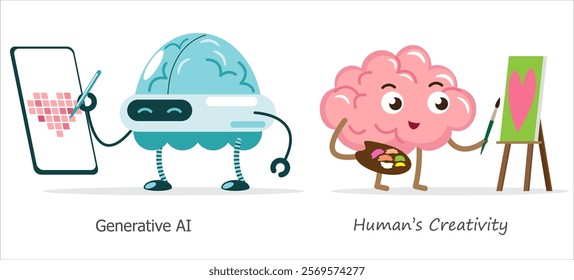 AI brain vs human brain in drawing and painting . Cartoon character . Vector .