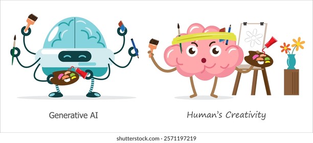 AI brain vs human brain in drawing and painting . Cartoon character . Vector .