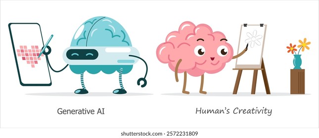 AI brain vs human brain in drawing and painting . Cartoon character . Vector .