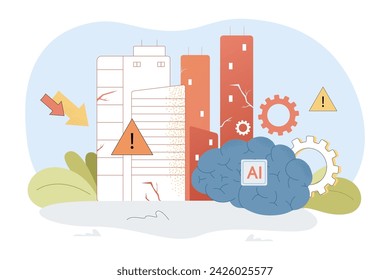 Inteligencia artificial causando la destrucción de la compañía. Edificios de empresa con grietas, señales de advertencia y flechas decrecientes ilustración vectorial. Inteligencia artificial, negocios, crisis, concepto de nueva tecnología