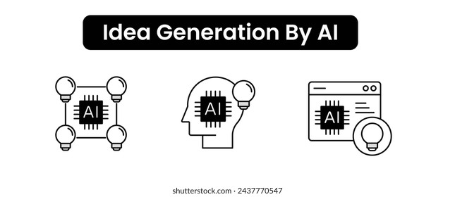 AI brainstorming. Idea generation by Technolgy. AI ideation, AI creativity, AI inspiration. Vector icons with editable strokes.
