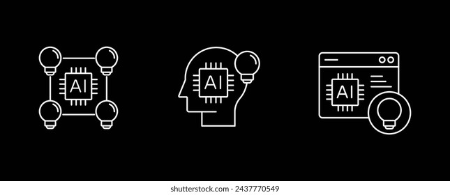 AI brainstorming. Idea generation by Technolgy. AI ideation, AI creativity, AI inspiration. Vector icons with editable strokes.