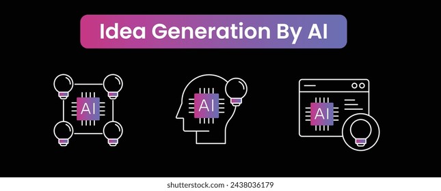 AI brainstorming. Idea generation by Technolgy. AI ideation, AI creativity, AI inspiration. Vector icons with editable strokes.