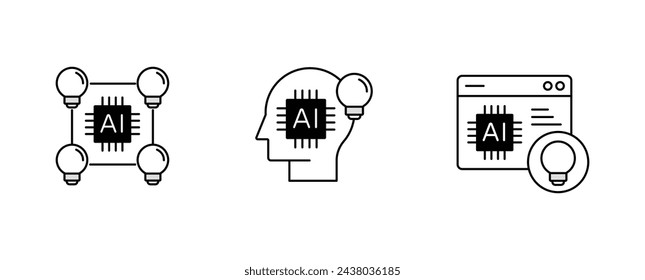 Lluvia de ideas sobre IA. Generación de ideas por tecnología. Ideación de IA, creatividad de IA, inspiración de IA. Iconos vectoriales con trazos editables.