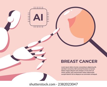 AI in Breast Cancer. Artificial intelligence robot diagnoses breast cancer. Flat banner vector illustration.