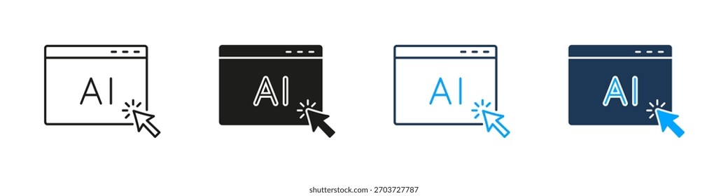 Janela do navegador AI com linha de cursor e conjunto de ícones sólidos. Interface De Inteligência Artificial Clique Em Coleção De Símbolos. Ilustração de vetor isolada.