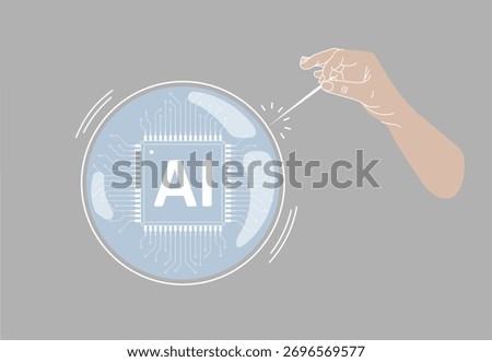 AI bubble and hand holding a needle - Illustration of the concept of the artificial intelligence bubble theory. Flat vector, metaphor for risk of investment high-technplogy market bursting  bubble 