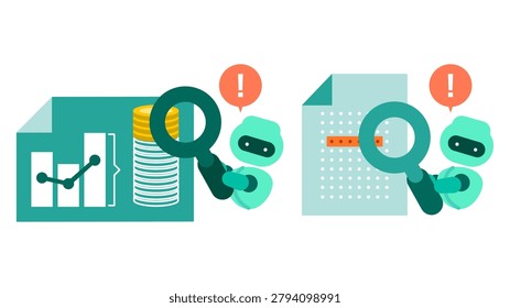 AI budget overrun detection alert and automated document audit conveyor belt system illustration set, corporate cost reduction, data analysis workflow and risk management digitalization