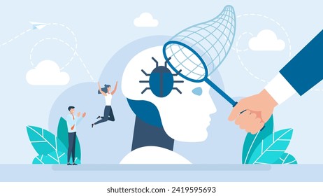 AI bug. Robot tester finding, searching program bugs, mistakes. Robot error concept. AI checks code and fixes errors. Antivirus and fighting bugs in program or application. Vector illustration