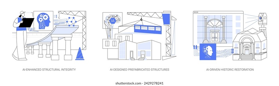 KI im Aufbau abstrakter Konzept Vektor Illustration Set. KI-gestützte strukturelle Integrität, KI-entworfene vorgefertigte Strukturen, KI-gestützte historische Restaurierung, Materialanalyse abstrakte Metapher.