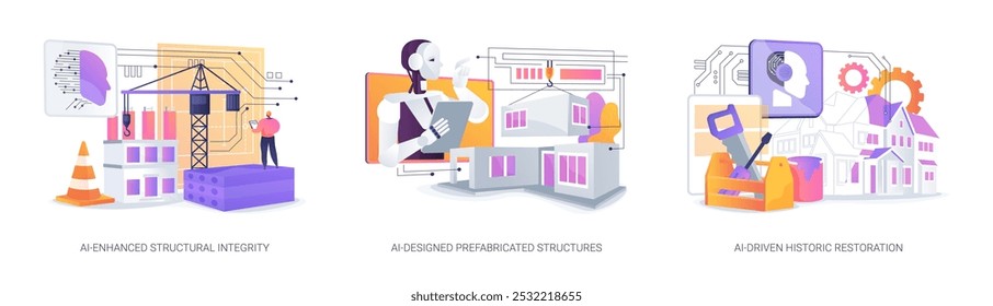 KI beim Aufbau eines abstrakten Konzept-Vektorgrafik-Sets. AI-Enhanced Structural Integrity, AI-Designed Prefabricated Structures, AI-Driven Historic Restoration, Materialanalyse abstrakte Metapher.