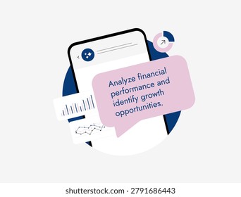 AI business assistant with financial performance analysis and growth opportunity recommendations mobile chat interface. Generate business insights, support strategic decisions with analytics