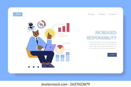 AI in business concept. Illustration of an anthropomorphic cat using AI to enhance productivity with dynamic charts and a robot assistant.