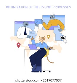 AI in business enhances collaboration and optimizes workflows. The illustration illustrates team dynamics with illustrated characters handling tasks and communication, emphasizing efficiency and