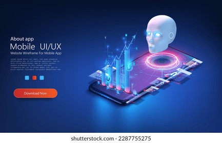 AI in business, fintech. Works interacts with data and graphs. The head of the neural network above the mobile phone is in an isometric position. Blue neon color. Vector illustration