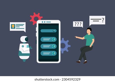 AI and business IOT concept - Man chatting with robot on mobile 2d vector illustration concept for banner, website, illustration, landing page, flyer, etc.