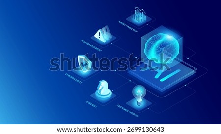 AI for Business Processes concept infographics - AI brain icon connected to cybersecurity, risk management, business strategy, market analysis, and customer insights icons - modern vector isometric