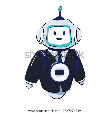 AI business robot CEO in formal suit and tie with chest chip screen and smiling avatar face. Corporate leadership and tech management with AI business robot CEO, cartoon vector illustration.