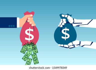 AI and business savings concept. Vector of a robot hand holding sack of money and businessman loosing profit due to inefficient management 