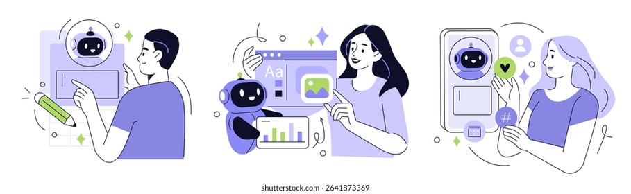 AI in business set. Characters using artificial intelligence generative tools to create social media post, presentation, content ideas. AI-powered marketing automation concept. Vector illustration.
