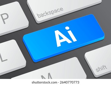 AI Button on Computer Keyboard with White Text for Artificial Intelligence, Technology, Machine Learning, and Digital Interface Close Up 3D Illustration